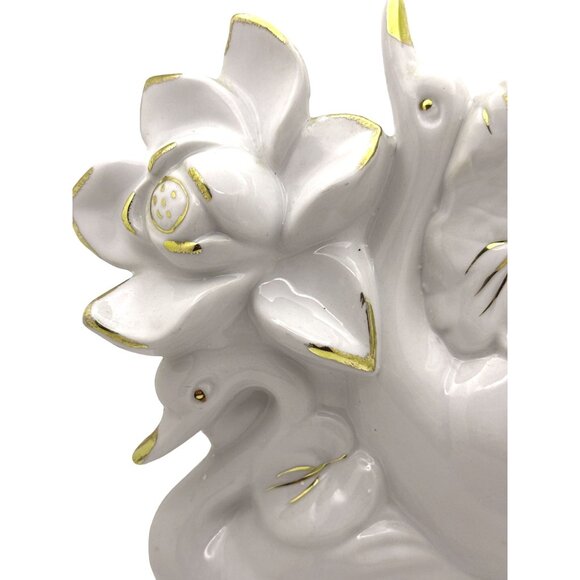 Vintage Grandmillennial Swan Figurine Porcelain Lotus Gold Gilt Trim Cottagecore - Picture 3 of 10